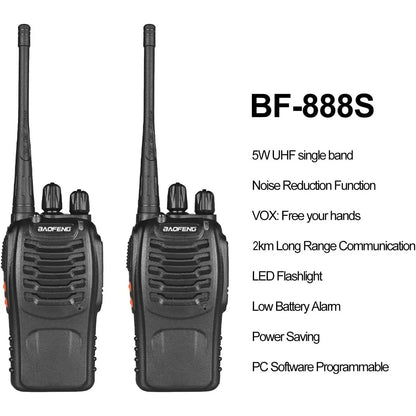 Baofeng 888S Wireless Walkie Talkie, Rechargeable Long Range Walkie Talkie with Earpieces, Professional Radio Handheld Two Way Radio with Li-Ion Battery & Charger Included